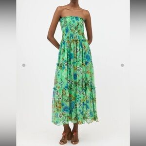 ALEXIS Roshan Floral Smocked Ruffle Maxi Skirt / Strapless Dress Green Boho Chic